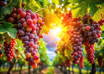 Crimson and emerald grapes spill from surreal vines, a fantastical harvest unfolds.