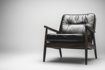 Fototapeta premium A mid-century modern armchair with tufted black leather upholstery and dark wooden legs.