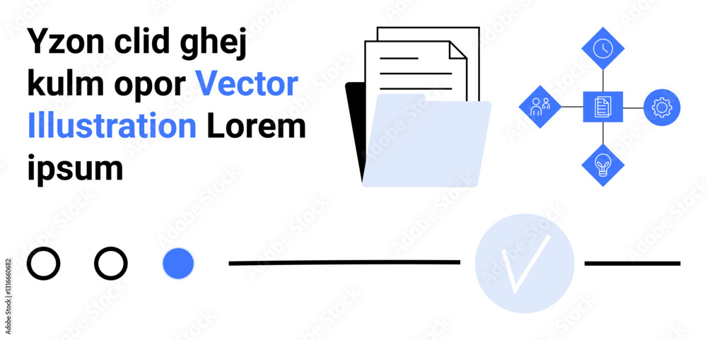 Poster folder with documents, data analysis icons and a circle with a checkmark. ideal for business managem