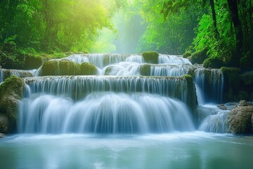 Serene waterfall cascading down mossy rocks in a lush green forest, bathed in sunlight.
