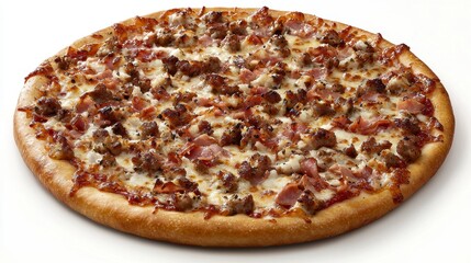 Indulge in the ultimate meat lover's fantasy with this tantalizing pizza A symphony of savory flavors awaits, as succulent sausage, crispy bacon, and tender chicken unite upon a canvas of melted