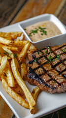 Captivating Glimpse of a Sizzling Steak and Fries Platter with Creamy Dip