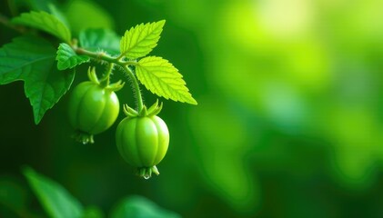 Fototapeta premium Green stem and leafy branches of star gooseberry plant, wild, foliage
