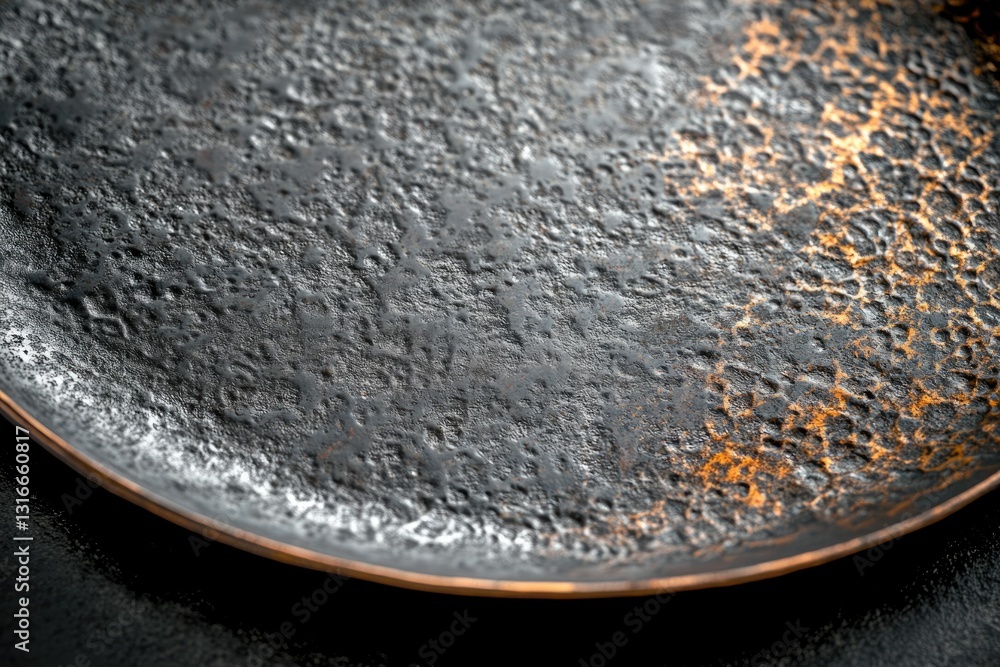 Poster close-up of a rustic, dark-colored metallic plate with a textured surface and hints of orange.