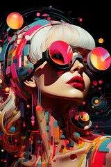 Retro wave collage, blonde woman's style poker face with sunglasses, black background