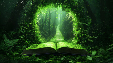 Open Book Surrounded by Lush Green Forest and Pathway