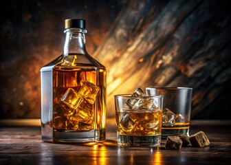 Dark amber whisky, glacial cubes clinking; elegant glassware, a still life of boozy sophistication.