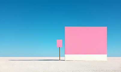 Minimalist Pink Structure Against a Bright Blue Sky in Desert Landscape
