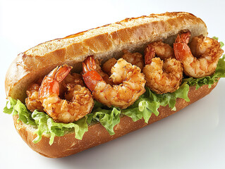 A mouthwatering shrimp po' boy sandwich filled with crispy shrimp, lettuce, and creamy sauce.
