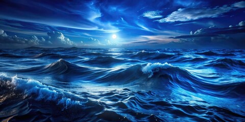 Dark blue ocean at night, rippling waves create a textured, coastal night scene.