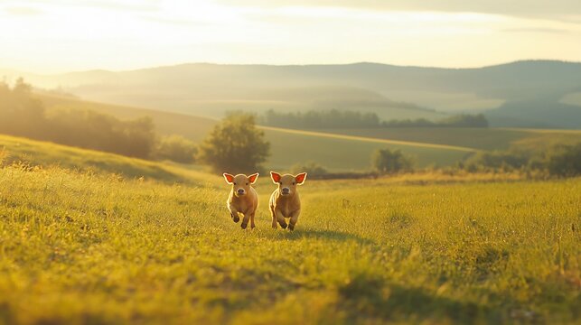 Two calves running across a sunlit meadow, rolling hills in background