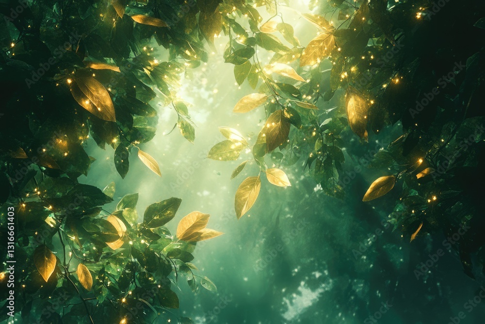 Poster enchanted forest scene with glowing leaves and soft sunlight filtering through the canopy.