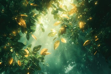 Enchanted forest scene with glowing leaves and soft sunlight filtering through the canopy.