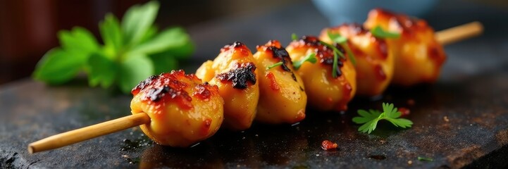Grilled satay chicken skewer with smoky flavor on a wooden stick, grilled, grill