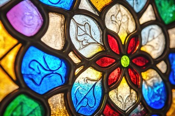 Close-up of vibrant stained glass, showcasing a colorful floral design with intricate details.