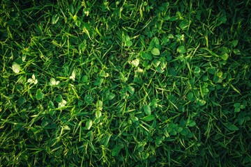 Lush green grass texture, vibrant and healthy, with some clover.