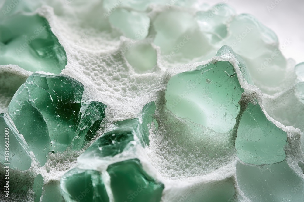 Poster close-up of a pale green fluorite specimen embedded in white matrix, showcasing its crystalline stru
