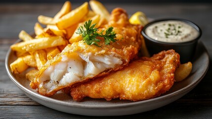 Fototapeta premium This image showcases a delectable plate of crispy fried fish and chips, a classic comfort food combination The golden-brown fish, perfectly battered and fried, lies alongside a generous serving of