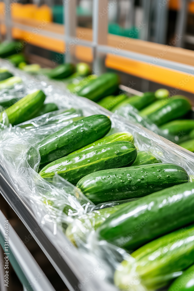 Poster automated machinery expertly wraps fresh cucumbers in plastic, showcasing efficiency in a contempora