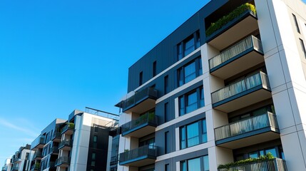 Obraz premium Modern Eco-friendly High-rise Building with Lush Greenery on Balconies: Sustainable Urban Architecture under a Clear Blue Sky