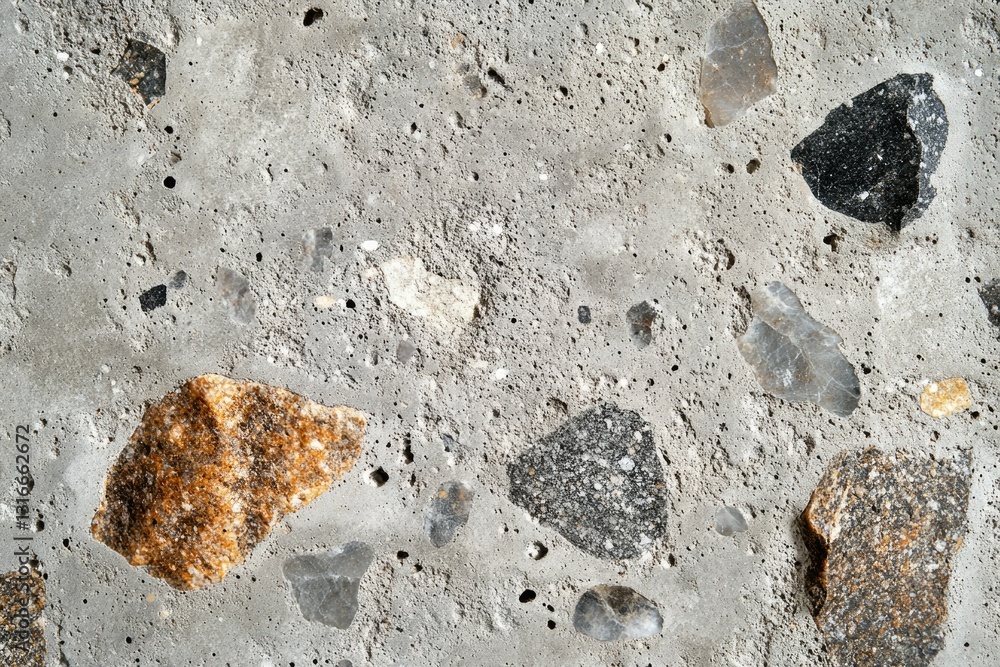 Aufkleber close-up of a textured concrete surface with embedded stones of varying colors and sizes.