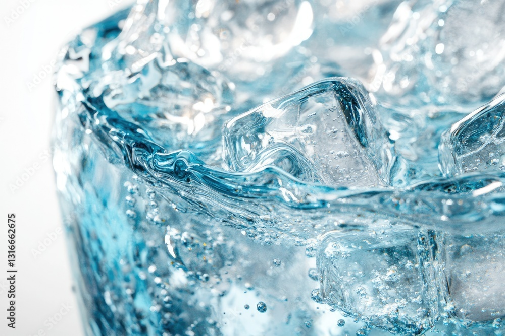 Poster close-up of ice cubes submerged in sparkling water, creating a refreshing visual.