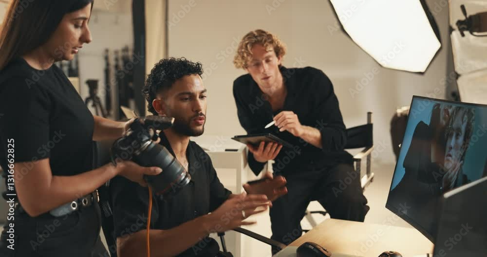 Poster Photography, teamwork and director with man in studio for fashion model, planning and editing process. Computer screen and catalog for media project with people on set for behind the scenes monitor