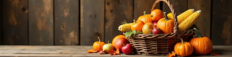 Harvest basket overflowing with pumpkins, apples and corn on wooden table in rustic barn, seasonal, thanksgiving