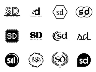 SD logo company template. Letter s and d logotype. Set different classic serif lettering and modern bold text with design elements. Initial font typography.