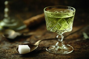 Classic absinthe drink with a sugar cube on a spoon