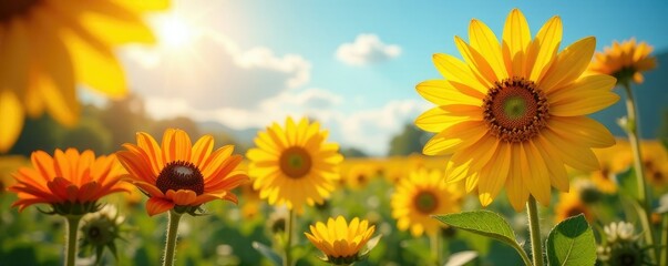 Obraz premium Hiboux avec des fleurs de marguerite et de sunflower, soleil, hiboux