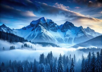 Ethereal winter landscape: snowy fog shrouds a lonely mountain peak.