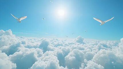 Fototapeta premium Serene Sky With White Birds Flying Over Fluffy Clouds and Sun