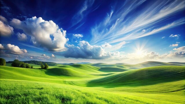A serene landscape with rolling hills and a vast expanse of lush green grass swaying gently in the breeze under a clear blue sky with white fluffy clouds , landscape, clear blue sky