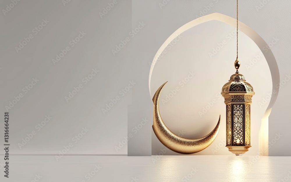Poster 3d rendering of a ramadan islamic background with a crescent moon and lantern for decorative element