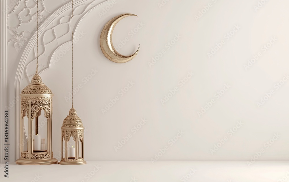 Poster 3d rendering of a ramadan islamic background with a crescent moon and lantern for decorative element