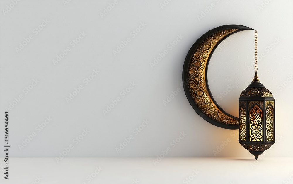 Poster 3d rendering of a ramadan islamic background with a crescent moon and lantern for decorative element
