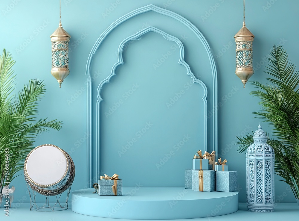 Poster 3d rendering of a ramadan islamic background with a crescent moon and lantern for decorative element