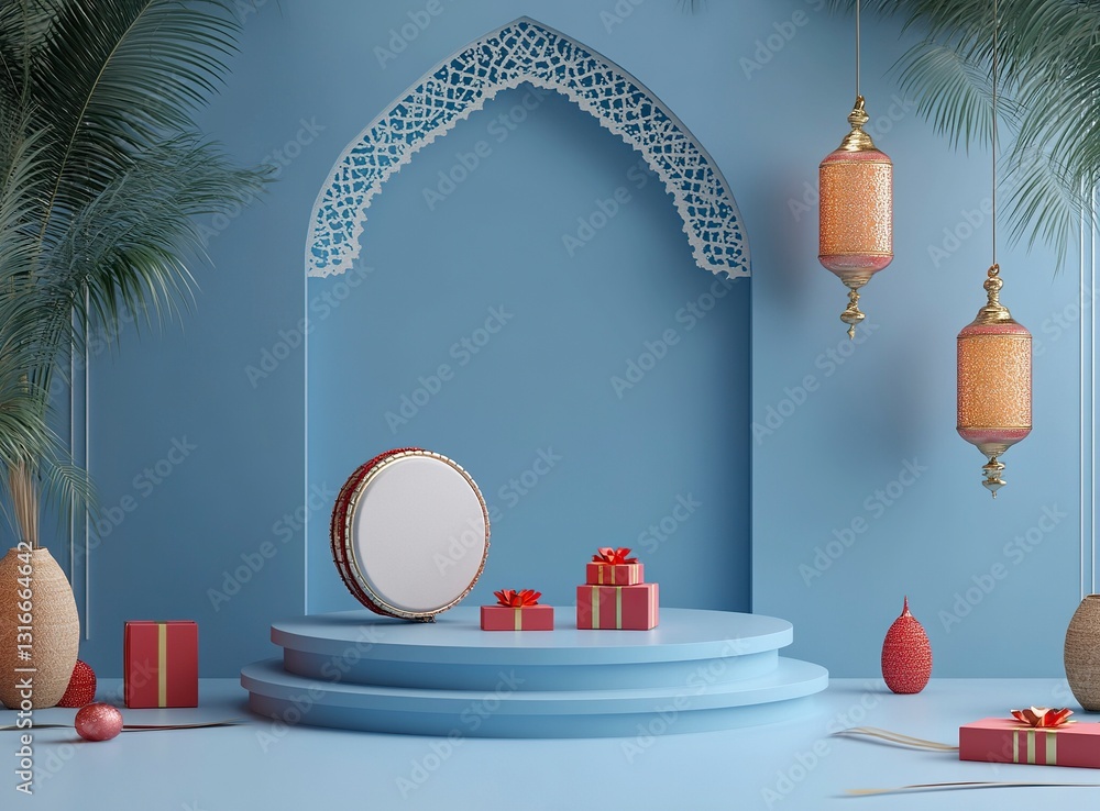 Poster 3d rendering of a ramadan islamic background with a crescent moon and lantern for decorative element