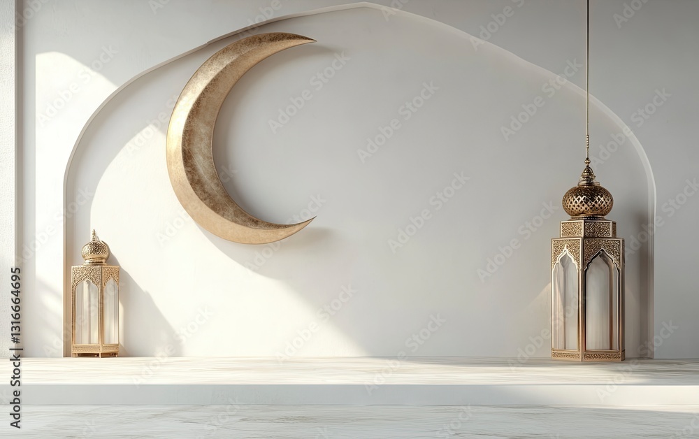 Poster 3d rendering of a ramadan islamic background with a crescent moon and lantern for decorative element