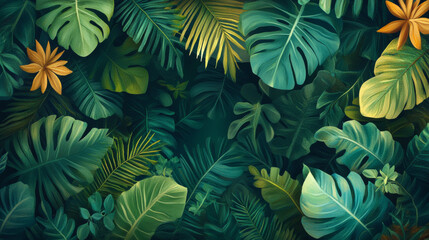 A lush, green tropical forest depicted in an artistic illustration, offering a captivating nature-inspired background concept