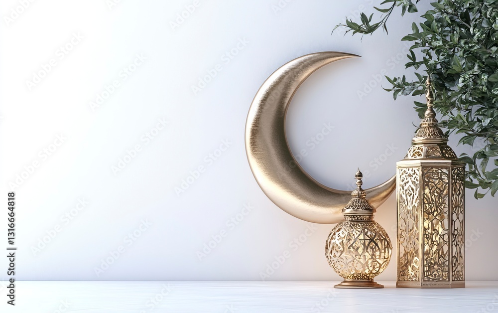Poster 3d rendering of a ramadan islamic background with a crescent moon and lantern for decorative element