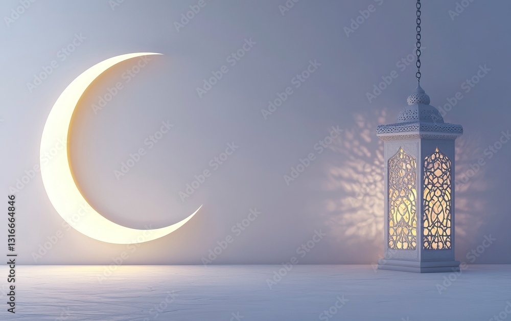 Poster 3d rendering of a ramadan islamic background with a crescent moon and lantern for decorative element