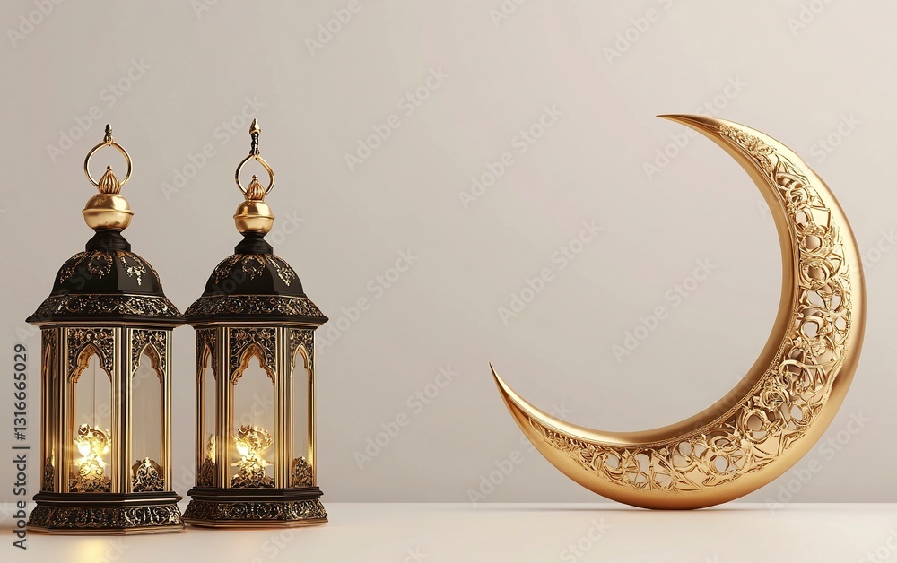 Poster 3d rendering of a ramadan islamic background with a crescent moon and lantern for decorative element