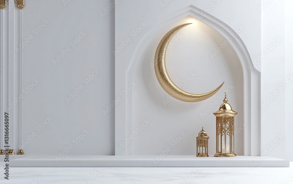 Poster 3d rendering of a ramadan islamic background with a crescent moon and lantern for decorative element