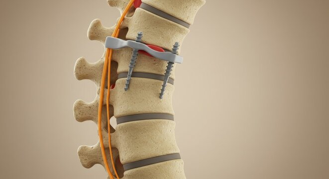 Illustration of a spine with surgical hardware for spinal fusion.