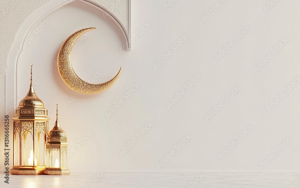 Poster 3d rendering of a ramadan islamic background with a crescent moon and lantern for decorative element