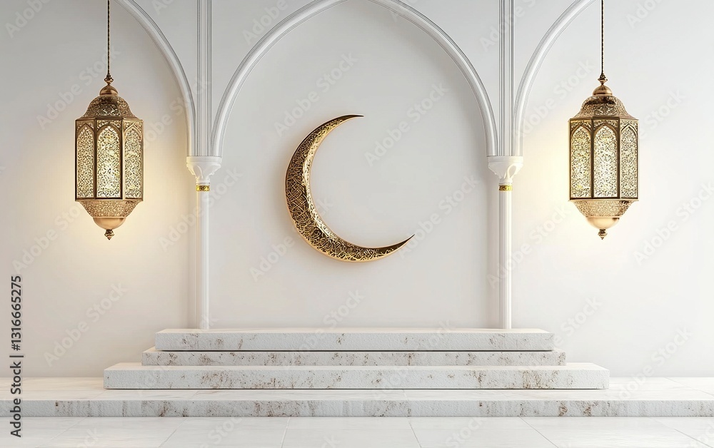 Poster 3d rendering of a ramadan islamic background with a crescent moon and lantern for decorative element
