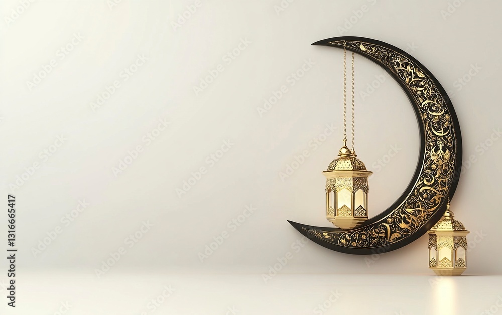 Poster 3d rendering of a ramadan islamic background with a crescent moon and lantern for decorative element