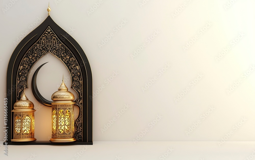 Poster 3d rendering of a ramadan islamic background with a crescent moon and lantern for decorative element